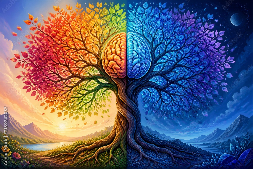 Obraz premium Tree shaped brain split into colorful day and night landscape