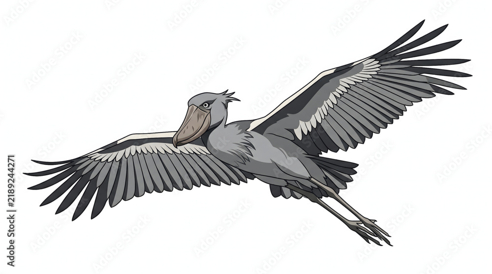Obraz premium Shoebill stork flying with large wings spread against a clear sky