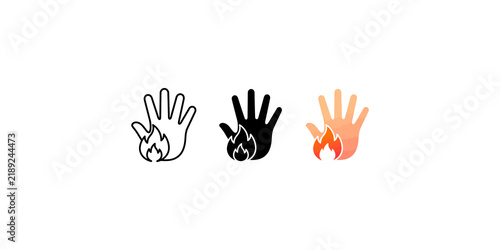 Foto Three human hand icons with fire flame elements in line black and gradient orange styles for warning or caution signage