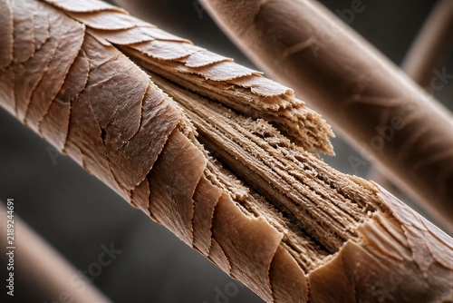 Human hair strand splitting and fraying under microscope