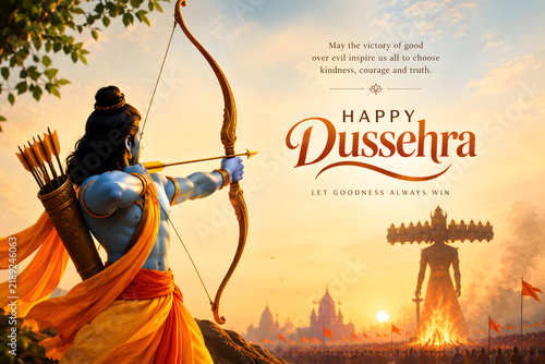 Dussehra celebration featuring Lord Rama shooting arrow toward Ravana effigy, dramatic sunset, epic battlefield and Indian design