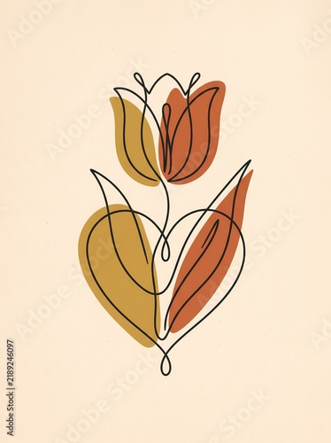 Tulip Flower Line Art with Heart Shape in Earthy Autumn Tones for Minimalist Wall Decor