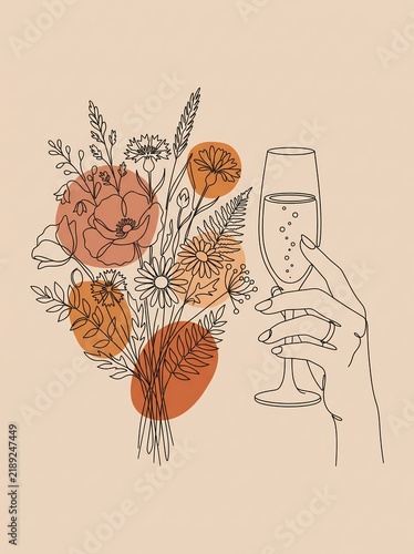 Minimalist Boho Aesthetic Line Art of Hand Holding Champagne Flute with Floral Bouquet