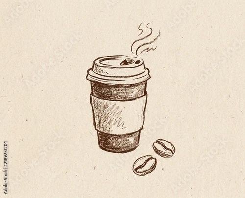 Hand drawn sketch of a takeaway coffee cup with steam and coffee beans