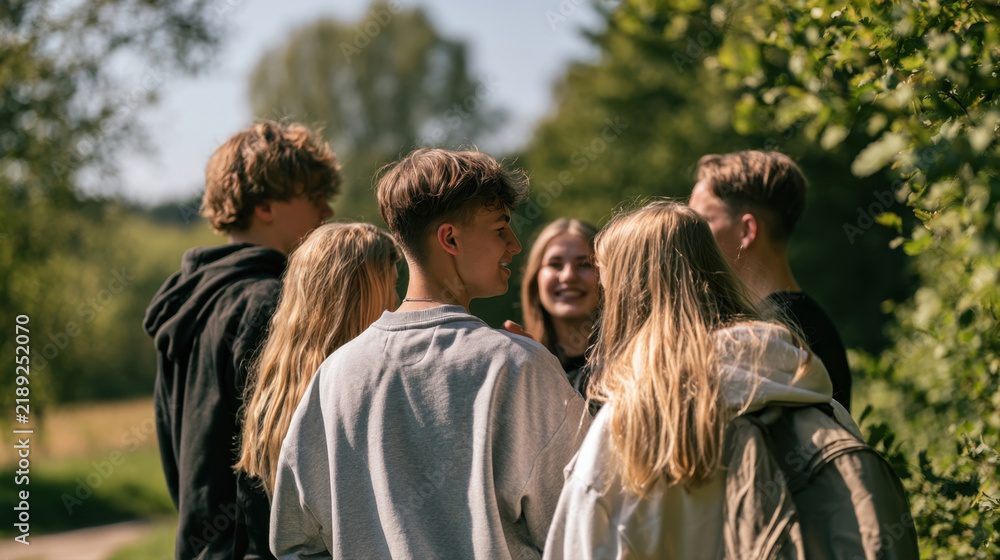 Fototapeta premium Group of young friends walking together outdoors in nature park during sunny day, happy teenagers chatting and spending time in countryside environment, outdoor leisure lifestyle background