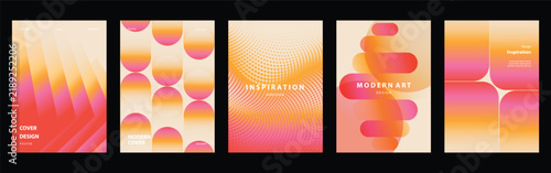 Warm gradient abstract cover templates set. Vector vertical poster and brochure layouts with pink orange geometric waves, circles and soft cream background