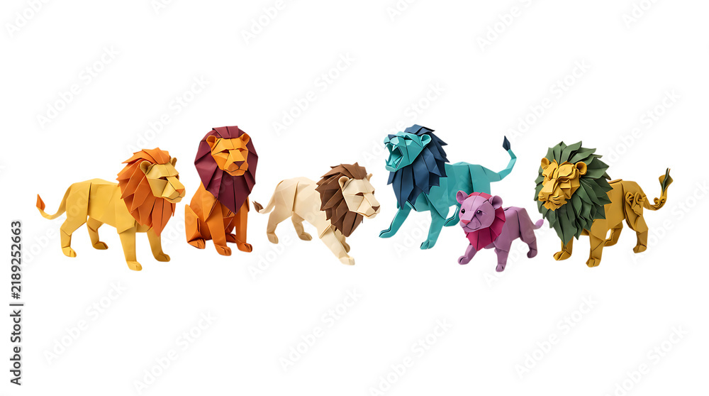 Obraz premium Group of colorful paper craft lion figures isolated on white background