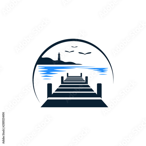 logo vector pier, Minimalist lighthouse silhouette on wooden pier, wooden dock logo.