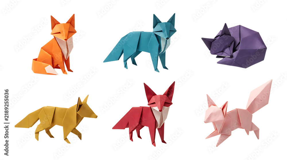 Fototapeta premium Set of colorful origami paper foxes isolated on a white background