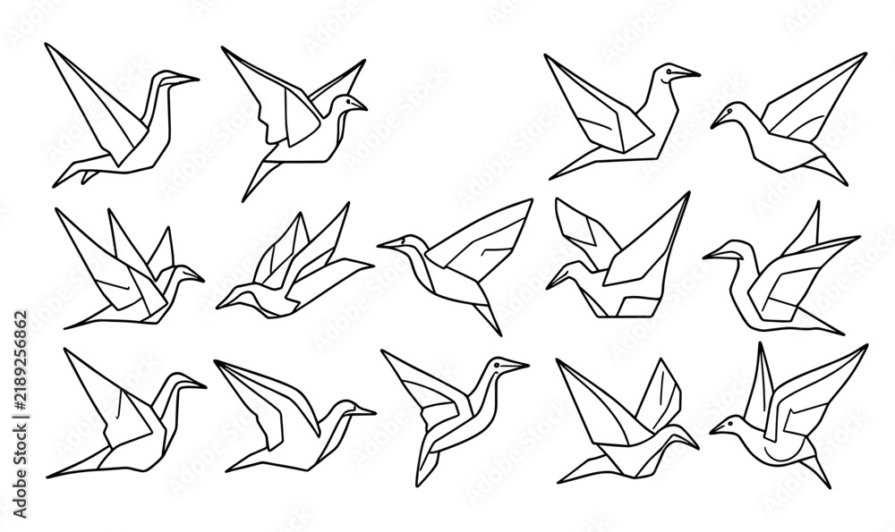 Obraz premium Origami paper birds flying animal line art vector icons set