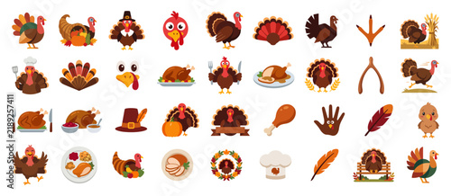 Thanksgiving Turkey Icon Collection with Autumn Leaves, Harvest Symbols, Festive Decorations and Seasonal Holiday Elements