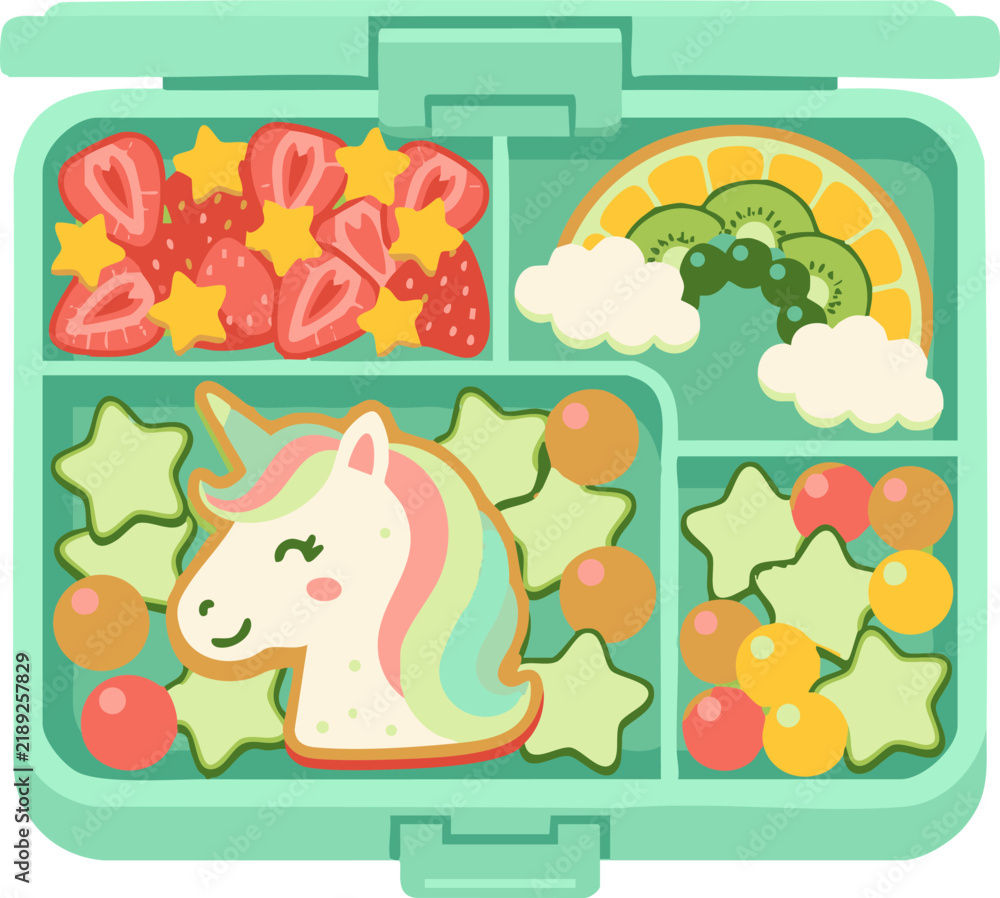 Naklejka premium A cute bento box filled with healthy snacks shaped like stars and a unicorn.