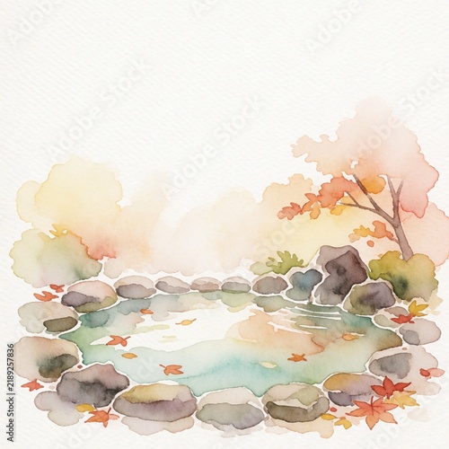温泉 紅葉のイラスト　余白あり