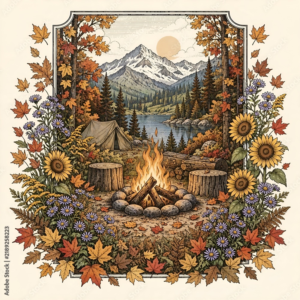 Fototapeta premium A glowing campfire surrounded by detailed wildflowers and forest plants, soft natural palette, hand-drawn vintage botanical engraving style, t-shirt print