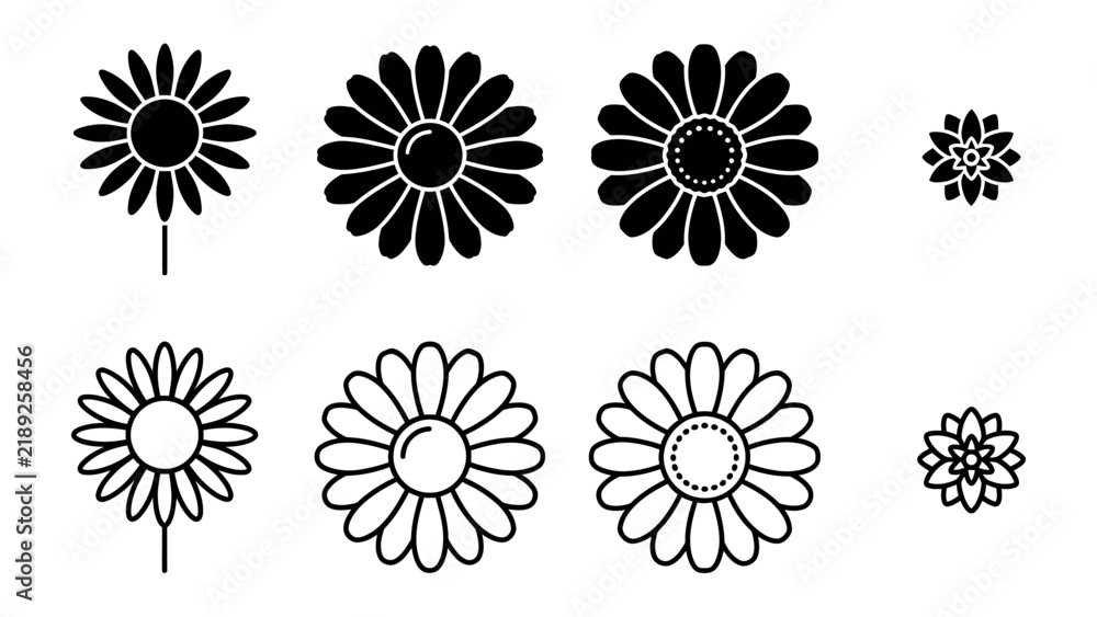 Obraz premium Daisy Flower Icon Set: A collection of stylized daisy flower icons in both filled and outline versions, presented in various sizes, perfect for graphic design and web elements.
