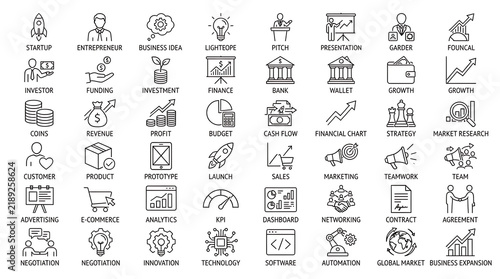 Business startup icons showcasing investment strategies, financial growth, and market expansion are lined up in a grid.