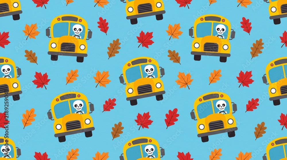 Fototapeta premium Halloween seamless pattern with skeletons driving school buses and autumn leaves