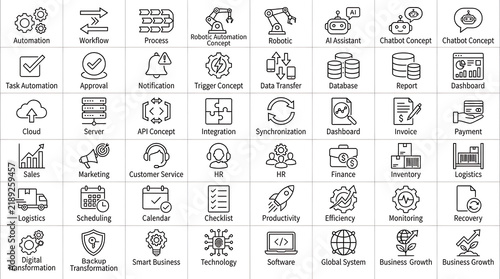 Business technology icons with text labels are arranged in a neat grid on a transparent background.