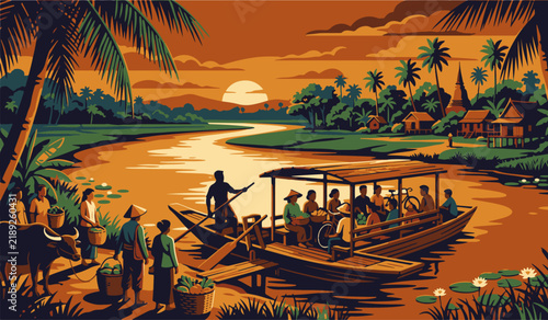 Traditional River Ferry Illustration with Wooden Boats, Rural Transportation, River Community and Tropical Sunset Landscape