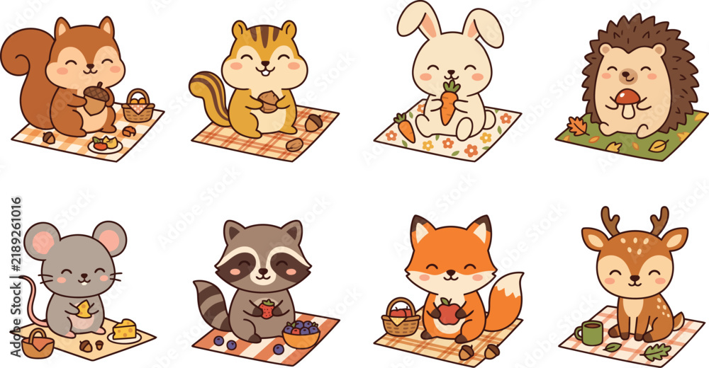 Obraz premium Cute woodland animals eating picnic food vector set