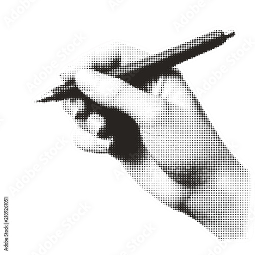 A vintage halftone style illustration of a hand holding a pen to write or draw isolated on transparent background