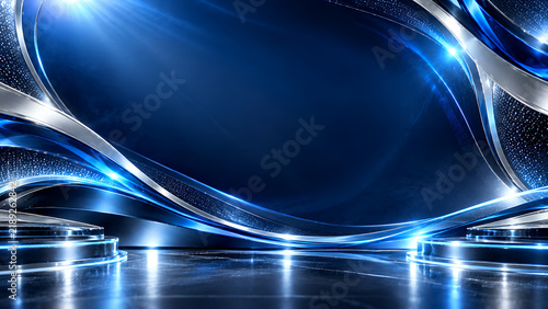 Futuristic Stage Design: An abstract, futuristic stage with glowing blue and silver lines, spotlights, and reflective surfaces, creating a sense of advanced technology and dynamic energy.