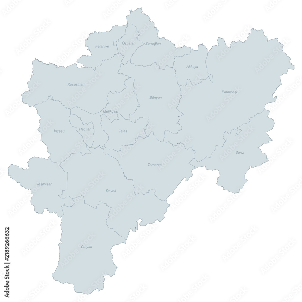 Obraz premium Administrative Divisions Map of Kayseri Province, Turkey - Detailed Geographic Illustration