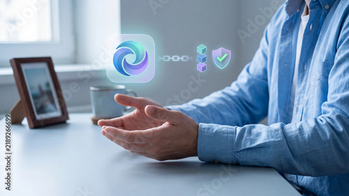 Plakat w ramie Digital asset verification concept with man holding hologram of app icon linked by chain to blockchain cubes and shield for content authenticity, copyright protection and secure ownership