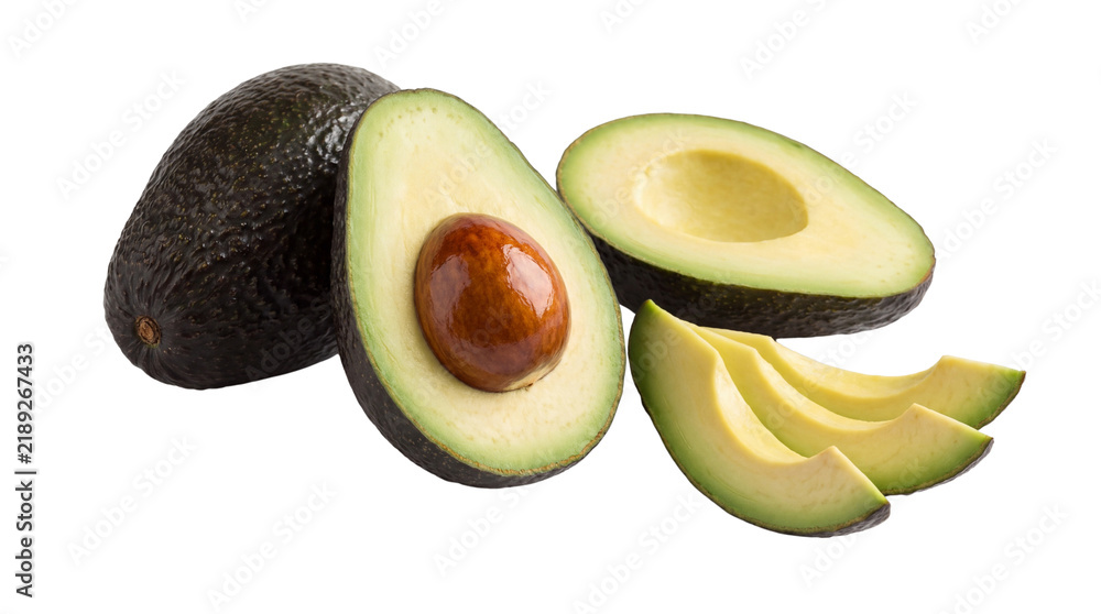 Naklejka premium Fresh ripe avocado with halves and slices, organic green hass avocado fruit, healthy vegan food ingredients for cooking isolated PNG with Transparent Background