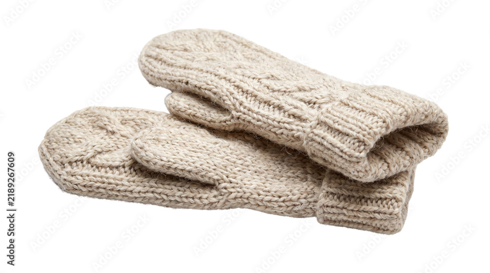 Fototapeta premium Handmade wool mittens with cable knit pattern, warm beige winter gloves, cozy traditional knitted handwear for cold weather isolated PNG with Transparent Background