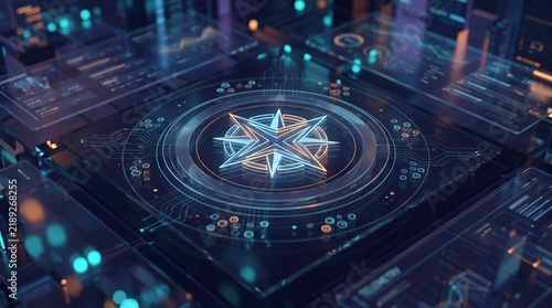 Futuristic Tech Navigation Interface Dashboard with Central Glowing Compass Emblem