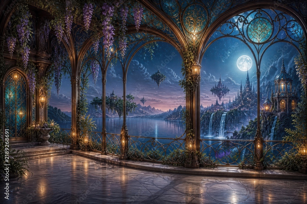 Fototapeta premium Enchanted moonlit fantasy terrace overlooking lake and waterfalls