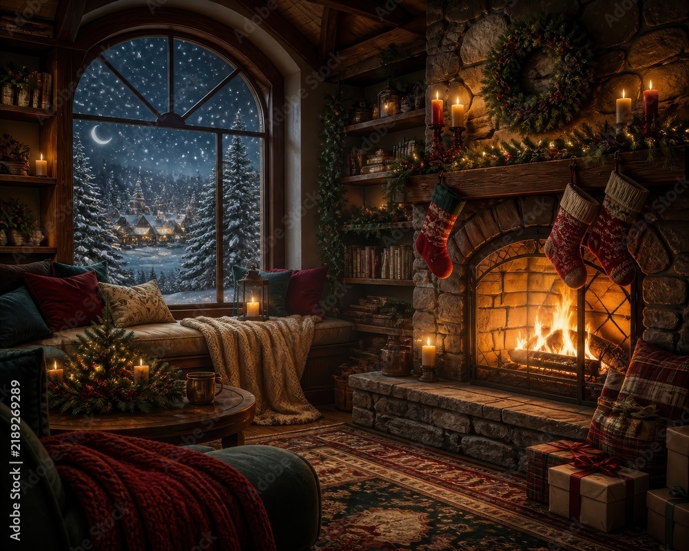 Obraz premium Cozy Christmas cabin interior with fireplace and snowy window