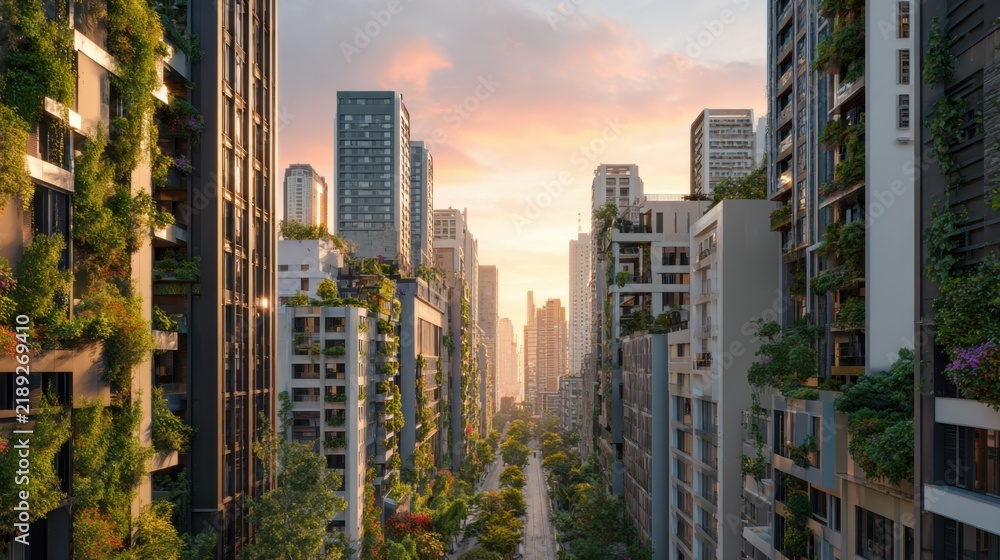 Fototapeta premium Modern Cityscape with Green Vertical Gardens at Sunrise