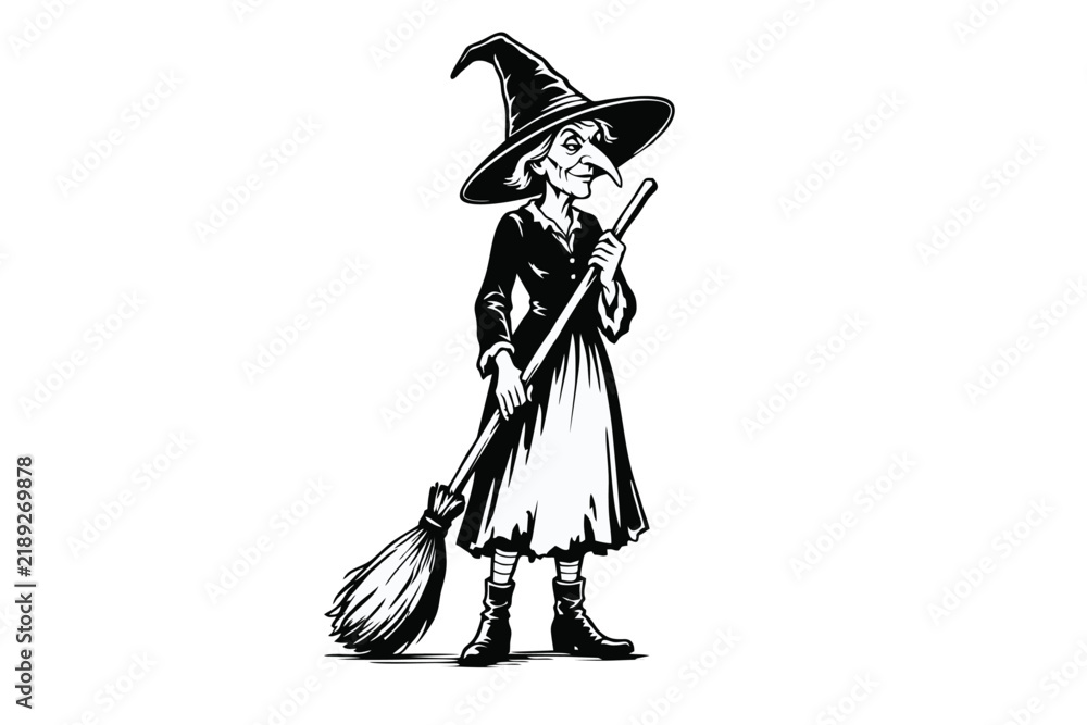 Obraz premium Black and White Old Witch with Pointed Hat and Broomstick Cartoon Illustration