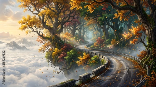 A winding autumn road crosses an impossible forest above a sea of clouds, surrounded by glowing foliage, ancient trees and a mysterious magical atmosphere.