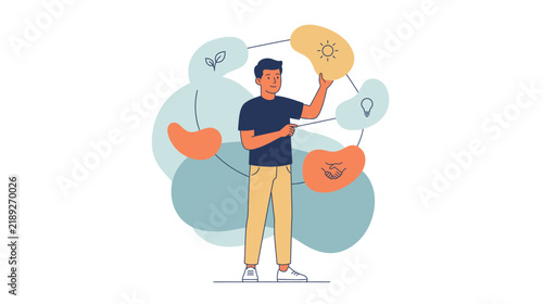 Photography Illustration of a man presenting ideas with light bulbs and hearts around him, symbolizing creativity and inspiration