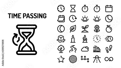 Bild auf Leinwand Time Passing Icons: A collection of line art icons representing the passage of time, including hourglass, clock, calendar, sunrise, sunset, moon, and growth symbols
