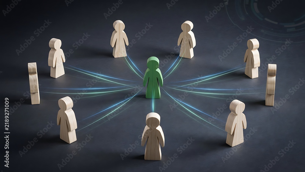 Obraz premium Concept of team leadership with a green wooden figure connected to other figures in a network structure