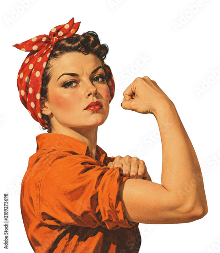 Vintage style portrait of a strong woman flexing her bicep. Classic 1940s pop art illustration with red polka dot bandana, orange shirt, isolated on transparent png background or white jpg background.