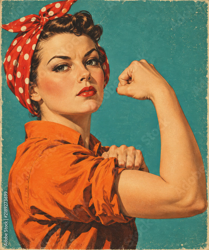 Vintage style portrait of a strong woman flexing her bicep. Classic 1940s pop art illustration with red polka dot bandana, orange shirt, and teal background. Generative AI.