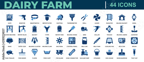Forty four blue illustrating dairy farm equipment and milk production technology set