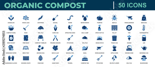 Fifty blue illustrating organic compost and sustainable gardening waste management set