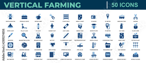 Fifty blue depicting vertical farming technology and indoor agricultural systems set