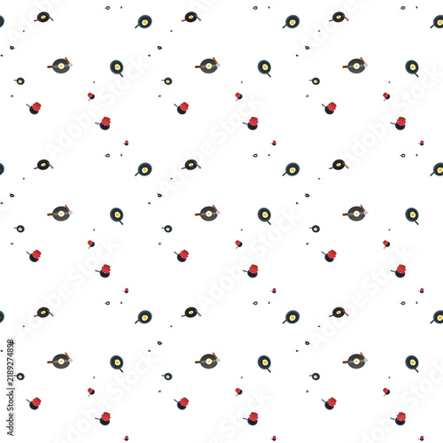 Seamless pattern of fried eggs in frying pans on black background