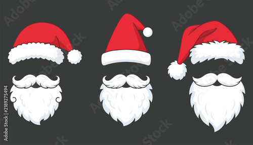 Set of santa claus hats and white beards dark background for christmas design