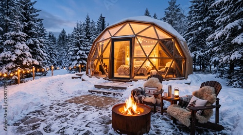 Luxury geodome tent cabin with glowing transparent window wall and outdoor fire pit on a snowy patio surrounded by winter pine forest
