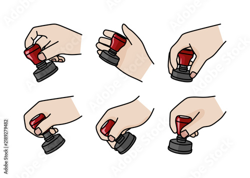 six hand poses holding a stamp without a pad