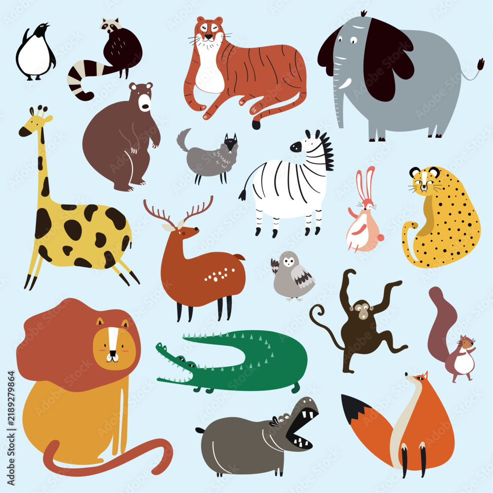 Obraz premium Collection of cute wild animals in cartoon style vector