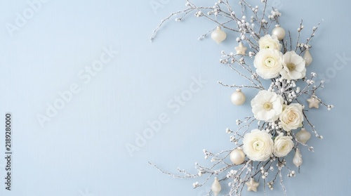 Snow Covered Wild Branches with Fluffy White Flowers